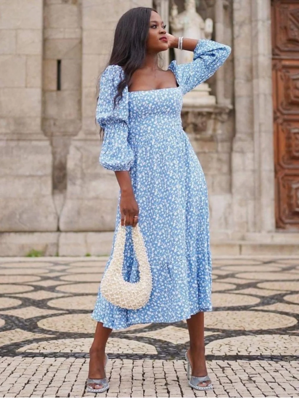 Reformation Mica ES Floral Marie Square Neck Midi Dress Blue Size 12 - Picture 4 of 14
